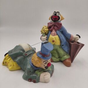 Vtg Clown Ceramic Tape Dispenser & Pencil Holder Set Signed NELSON Kitchy Office